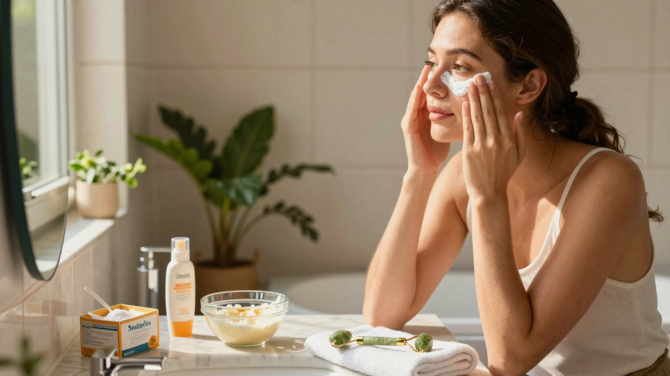 Woman applying cream to her face in a bright bathroom with skincare products on the counter.
