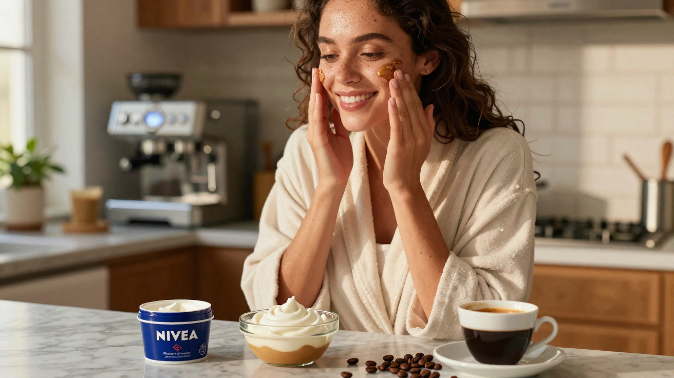 Woman in a bathrobe applying Nivea cream to her face in a kitchen with coffee and dessert on the counter