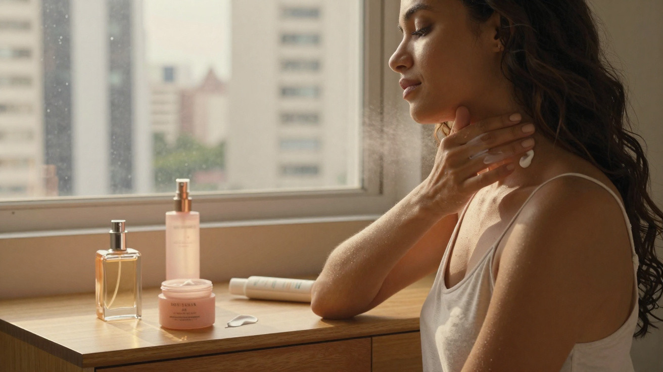 Woman applying skincare cream to neck, sitting by window with beauty products on wooden table.