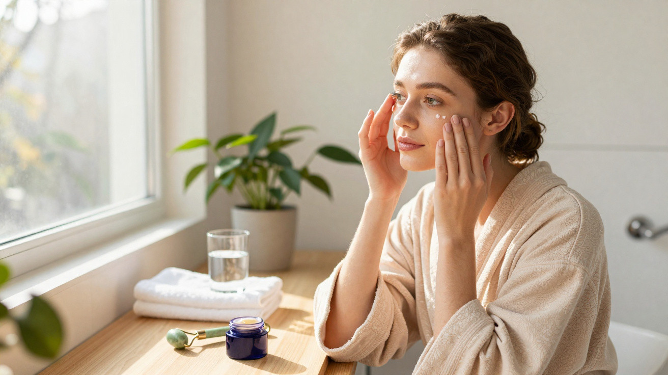 Young woman in a bathrobe applying face cream near a window in a bright, minimalist bathroom.