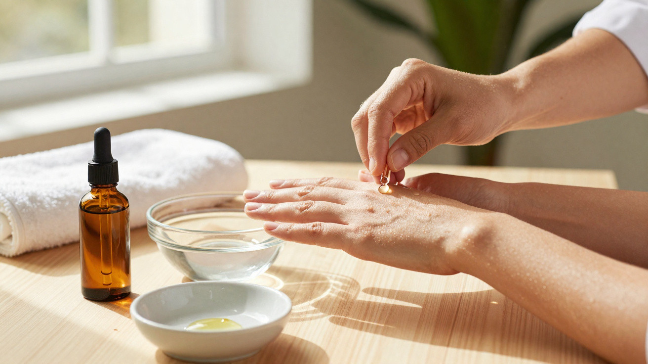 Person applying oil serum from a dropper onto the back of their hand on a wooden table with skincare items.