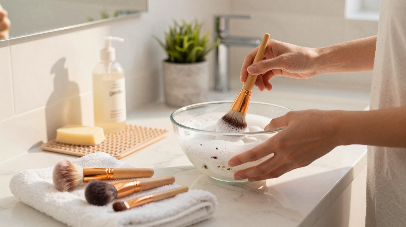 Person cleaning makeup brushes in a glass bowl with foam on a bathroom countertop with toiletries.