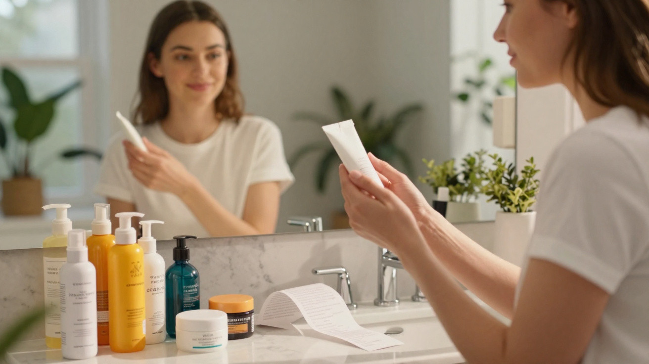 Woman reading label on a skincare product tube in front of a bathroom mirror with various bottles on the counter.