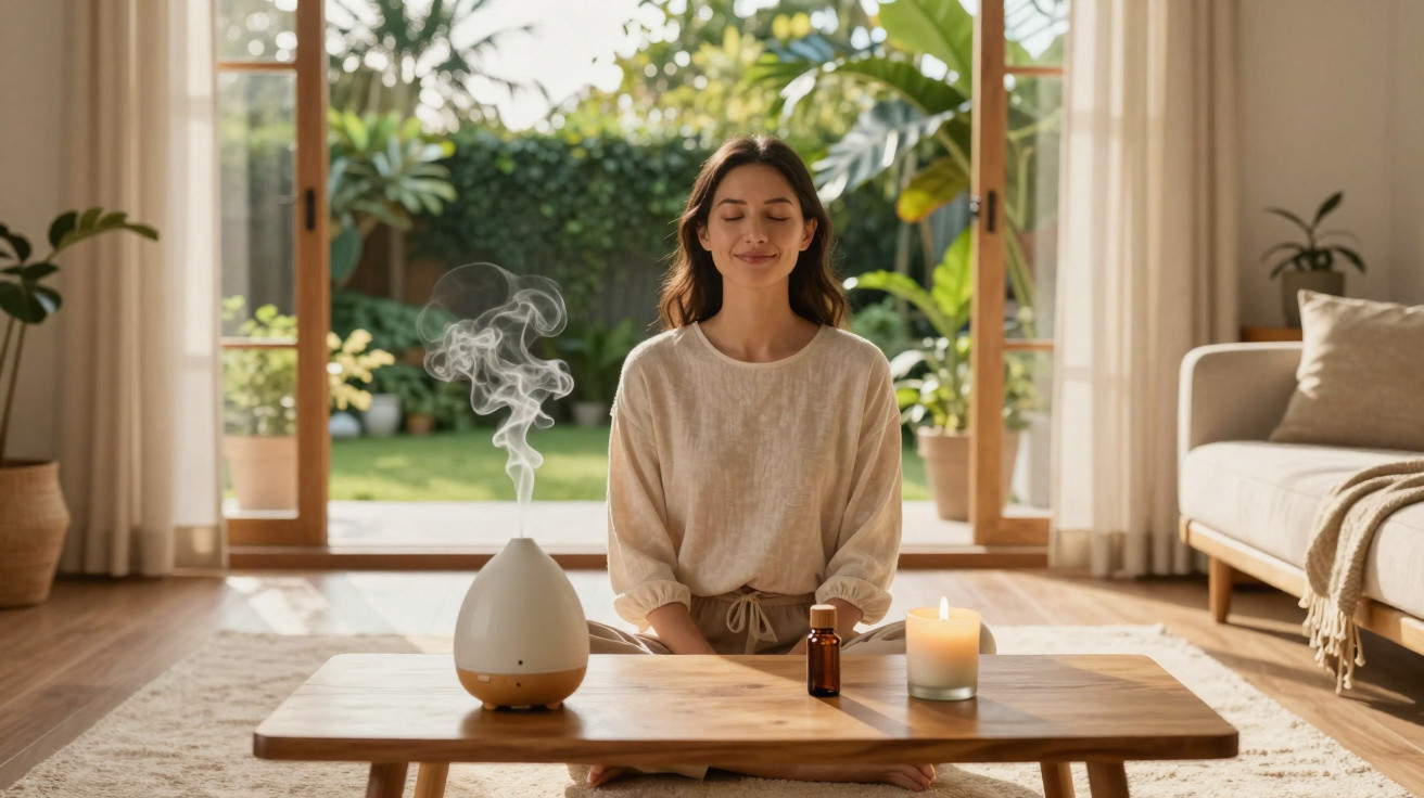 Woman enjoying aromatherapy meditation with diffuser, candle, and essential oil in a bright living room.