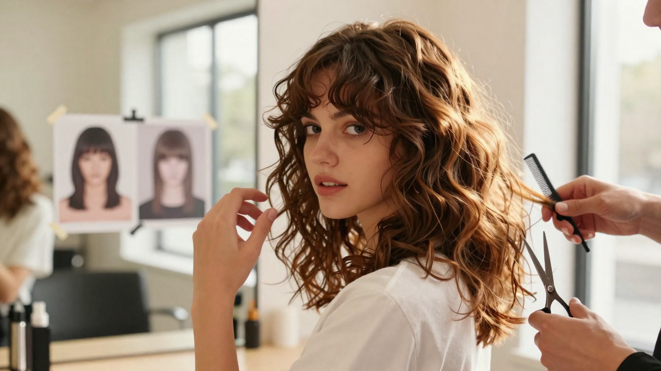 Young woman with curly hair getting a haircut at a salon, looking towards the camera.