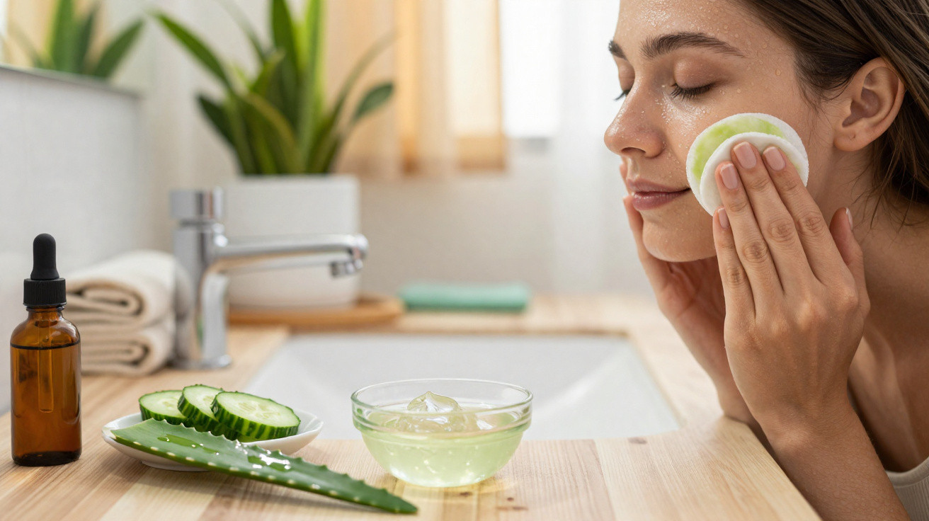 Woman cleansing face with cotton pad next to aloe vera, cucumber slices, serum bottle, and gel bowl on bathroom counter.