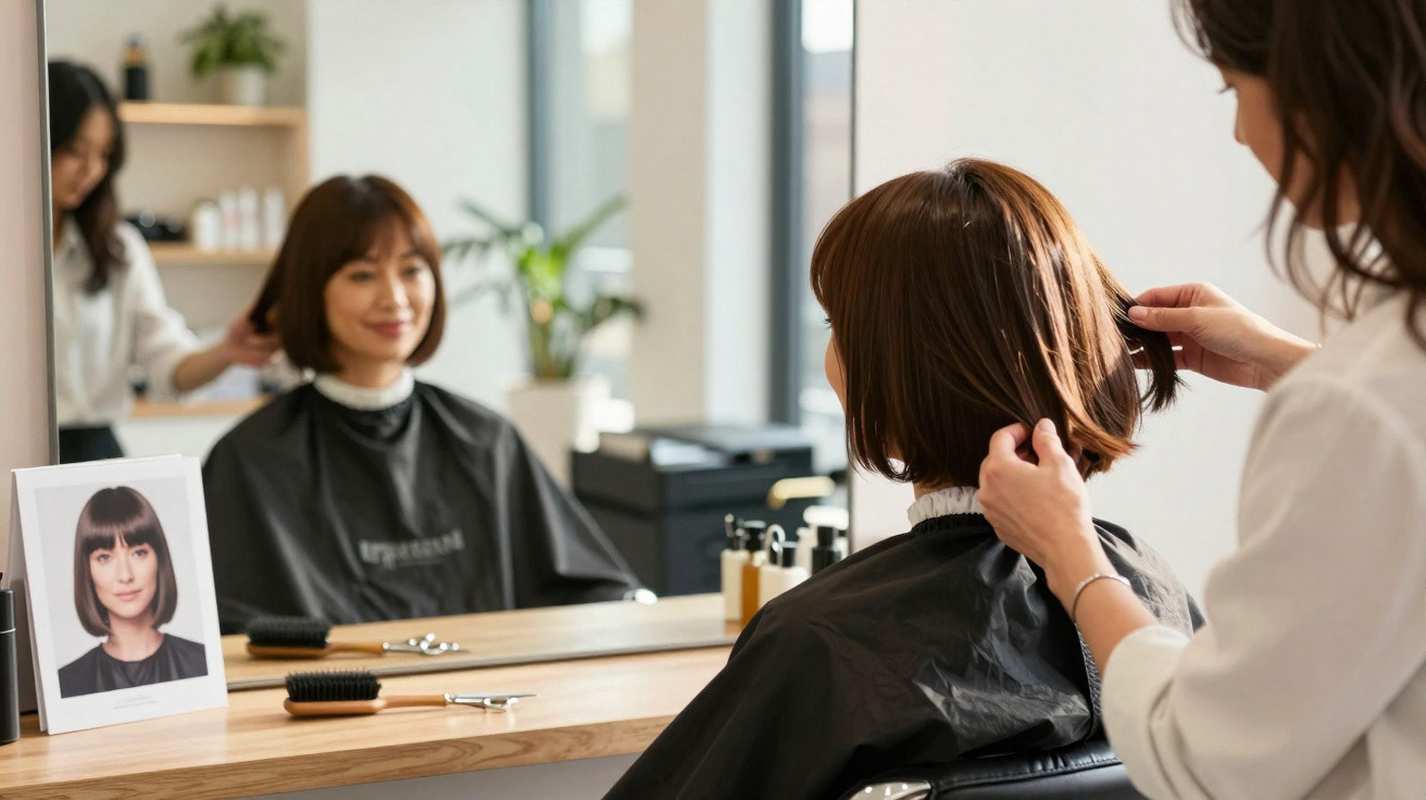 Woman getting a haircut at a salon, stylist adjusting her short brown hair in front of a mirror.