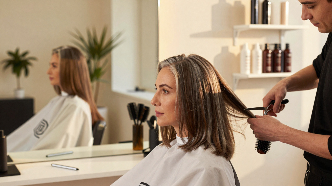 Woman with shoulder-length hair getting a haircut from a stylist in a modern salon with hairstyling products visible.