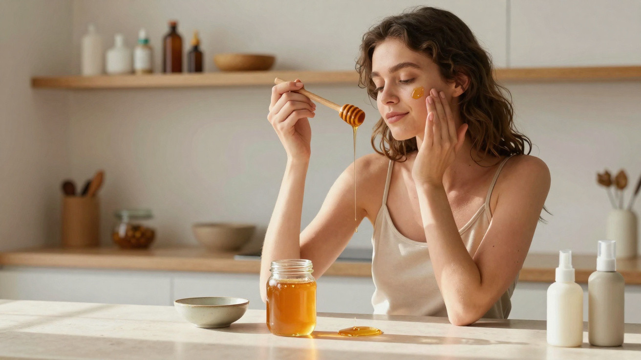 Young woman applying honey to her face while sitting at a kitchen table with skincare bottles.
