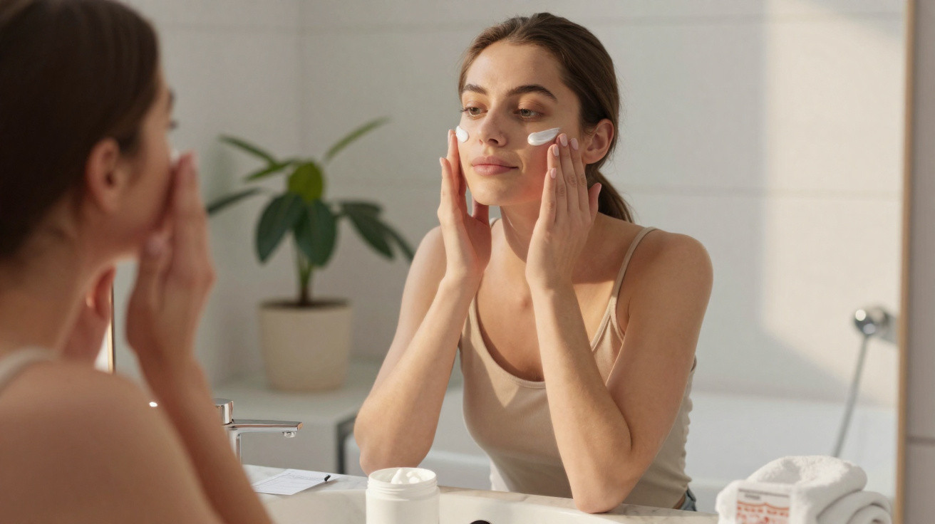 Young woman applying face cream in front of a bathroom mirror with a plant and toiletries visible.