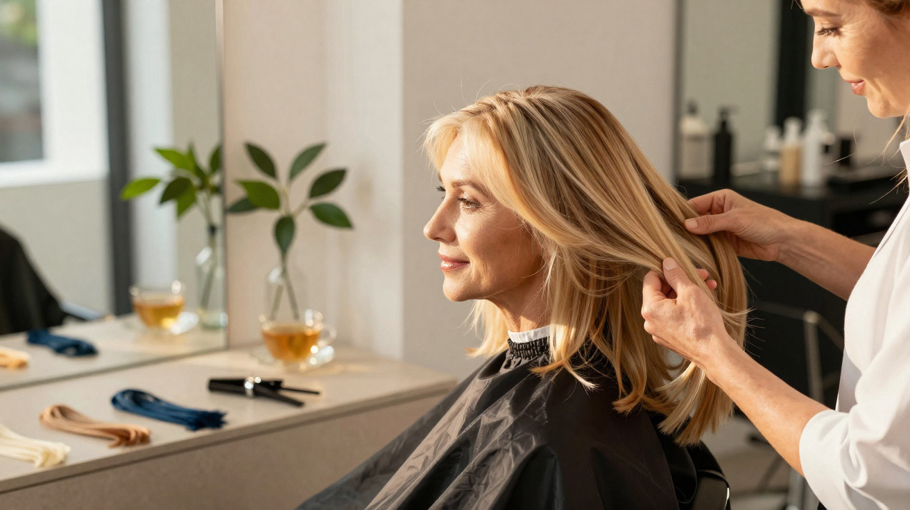 Woman with blonde hair getting a haircut in a modern salon with a mirror and plants in the background.