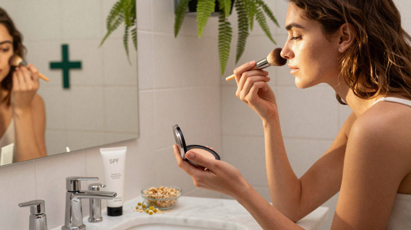Woman applying makeup with brush in brightly lit bathroom with plants and SPF cream on the sink