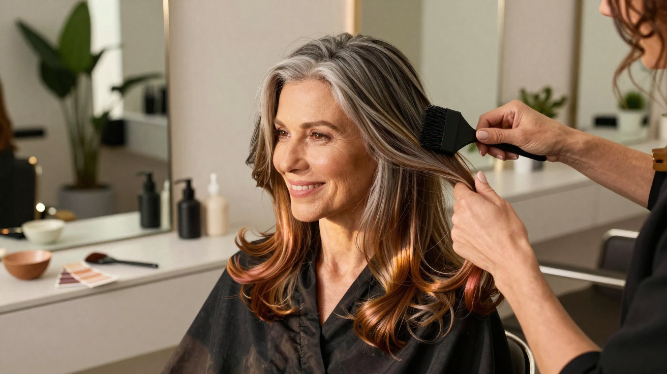 Woman with grey and red-highlighted hair smiling while having her hair dyed in a salon.