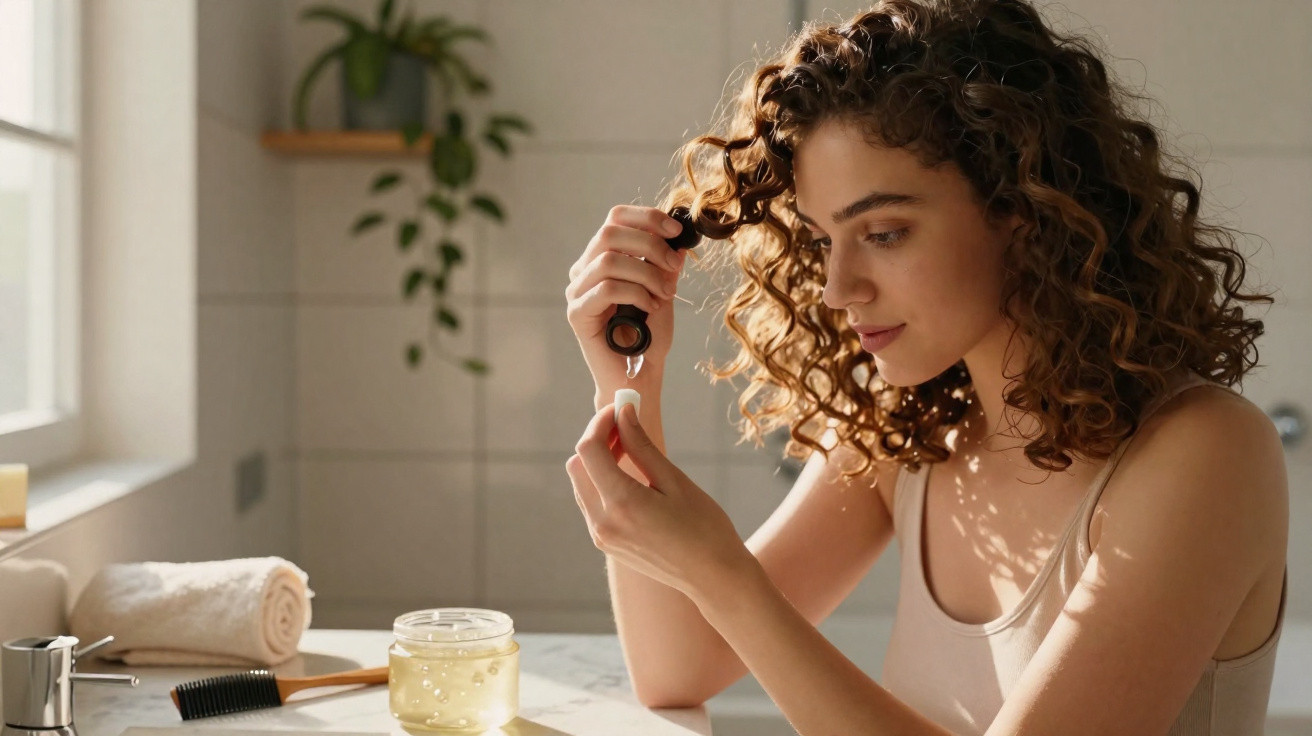 Woman with curly hair applying hair oil from a dropper in a bright bathroom setting.