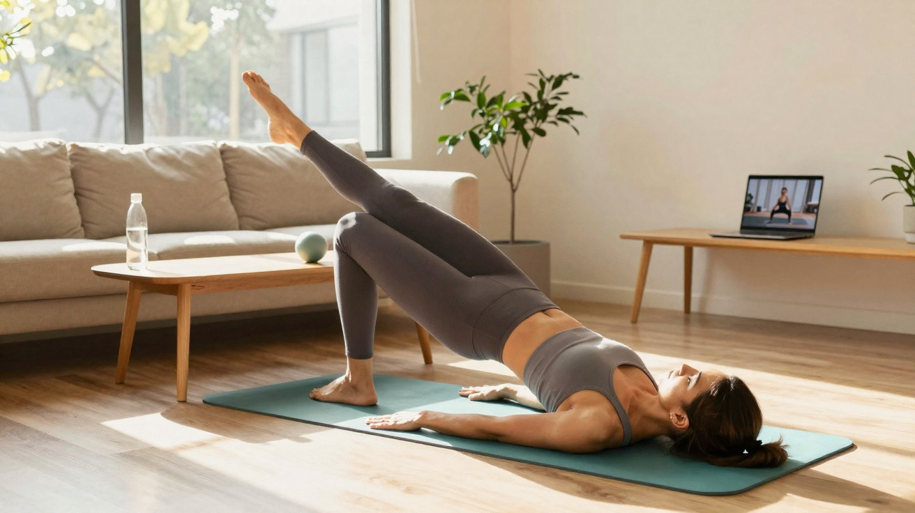Woman practising yoga on a mat in a sunlit living room following an online video class on a laptop.