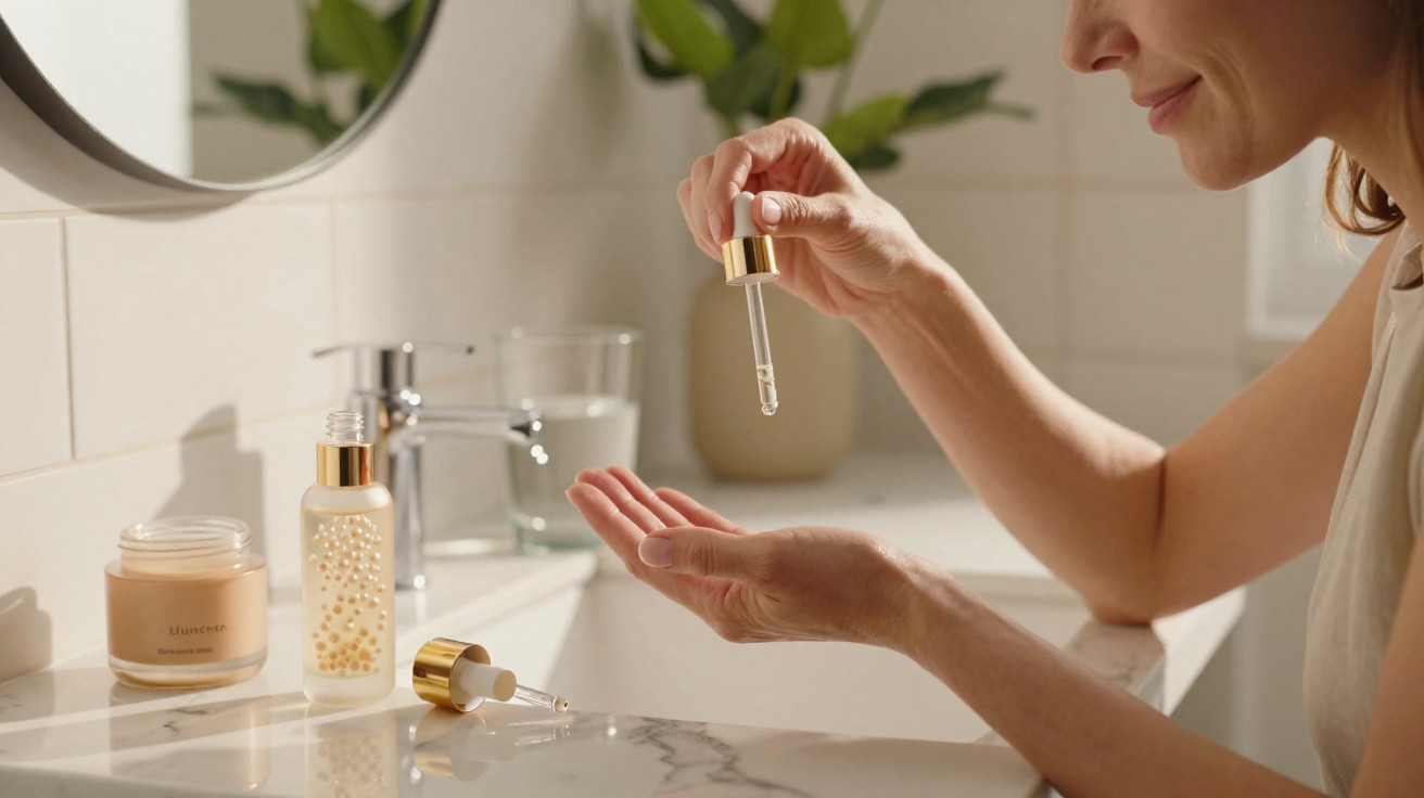 Woman applying facial serum with dropper at a bathroom sink with skincare products nearby