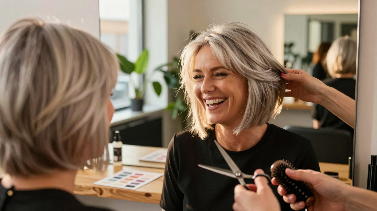 Middle-aged woman smiling while getting a haircut at a salon, with hairstylist holding scissors and comb.