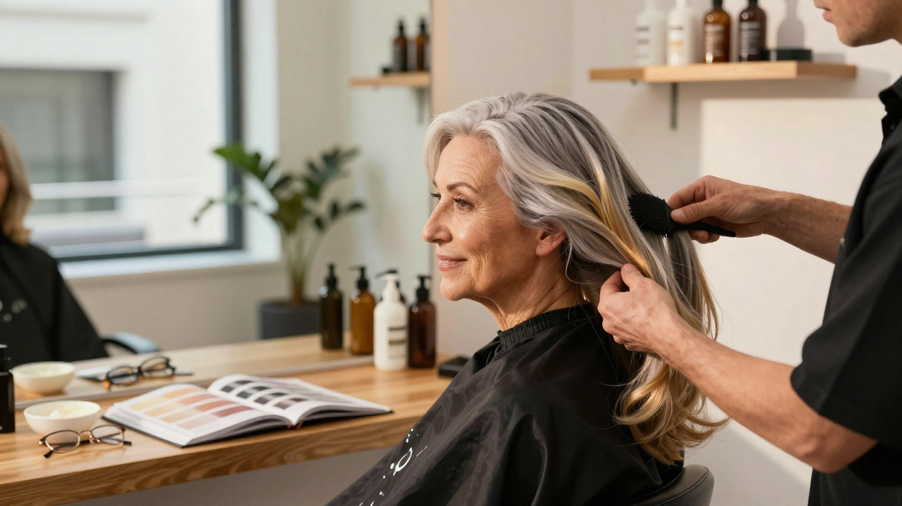 Older woman with grey hair having her hair brushed at a salon with products and a colour chart on the table.