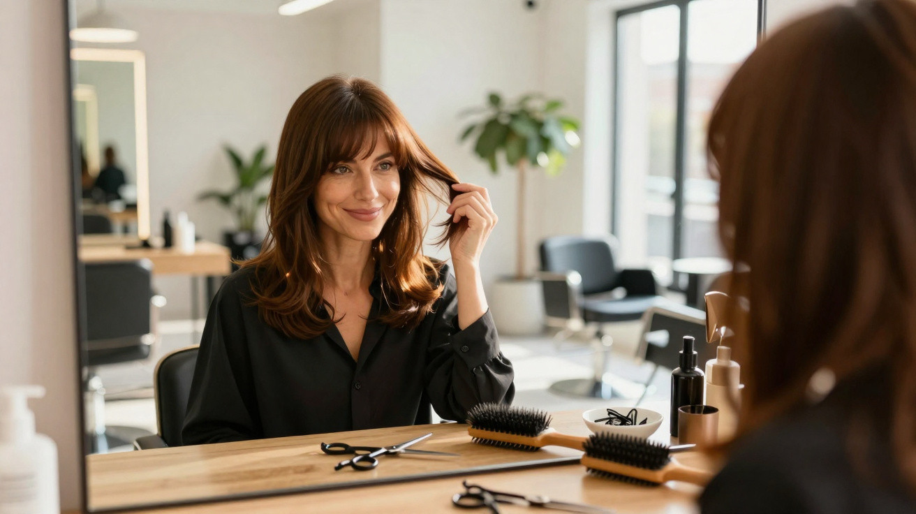 Woman with auburn hair smiles while looking at her reflection in a salon mirror, surrounded by hairdressing tools.
