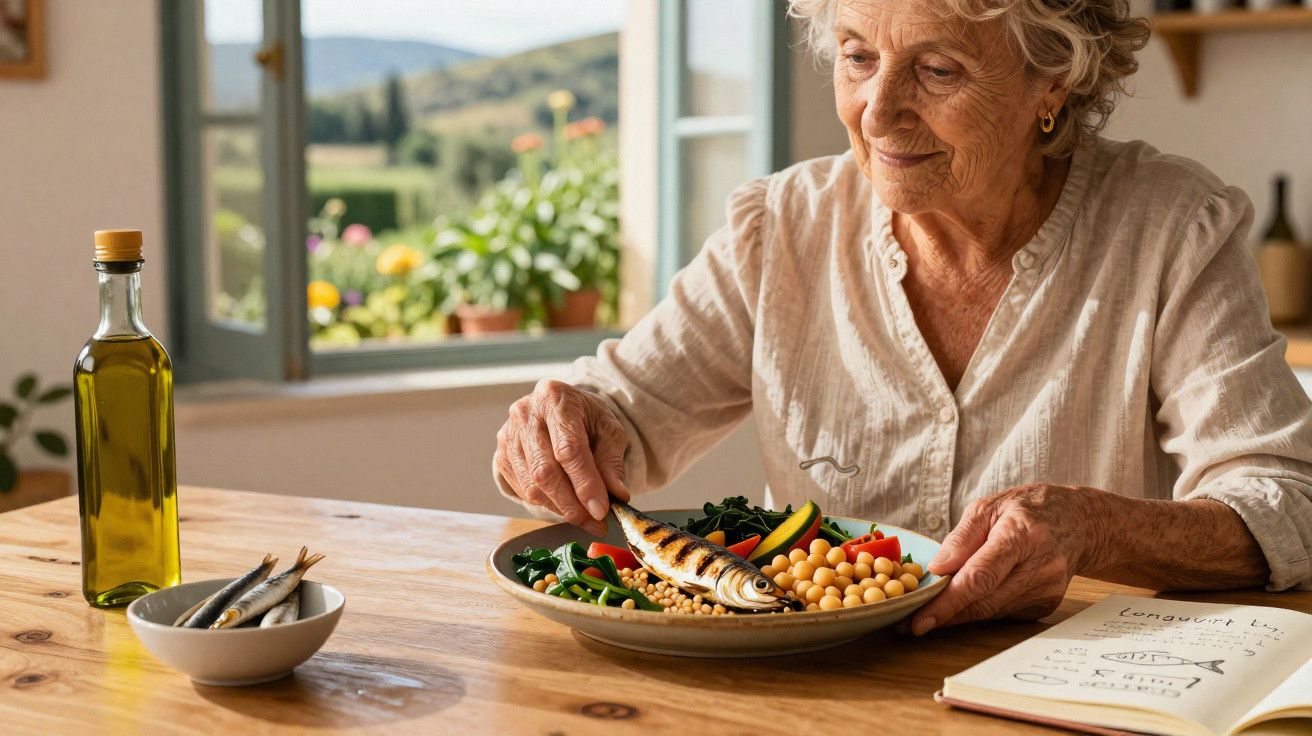 Elderly woman sitting at a table, preparing to eat a meal with grilled fish, chickpeas, and vegetables.