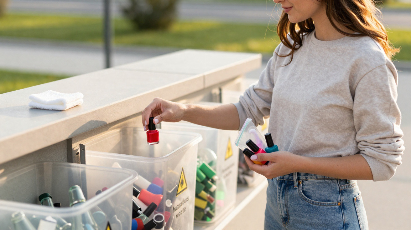 Woman recycling nail polish bottles in a designated hazardous waste bin outdoors on a sunny day.