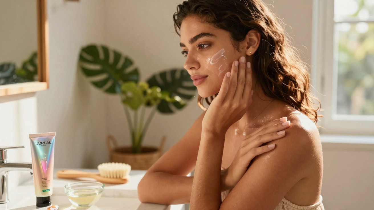 Woman applying cream to her face in a bright bathroom with skincare products on the counter.