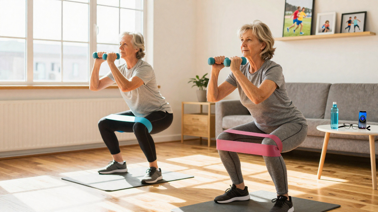 Two elderly women exercising with resistance bands and dumbbells in a sunlit living room.