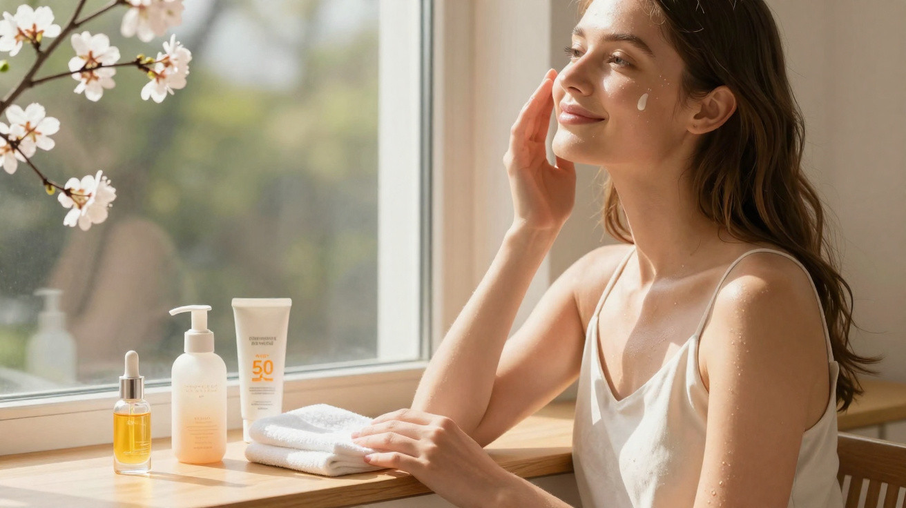 Young woman applying facial cream by a window with skincare products and white flowers on the table.