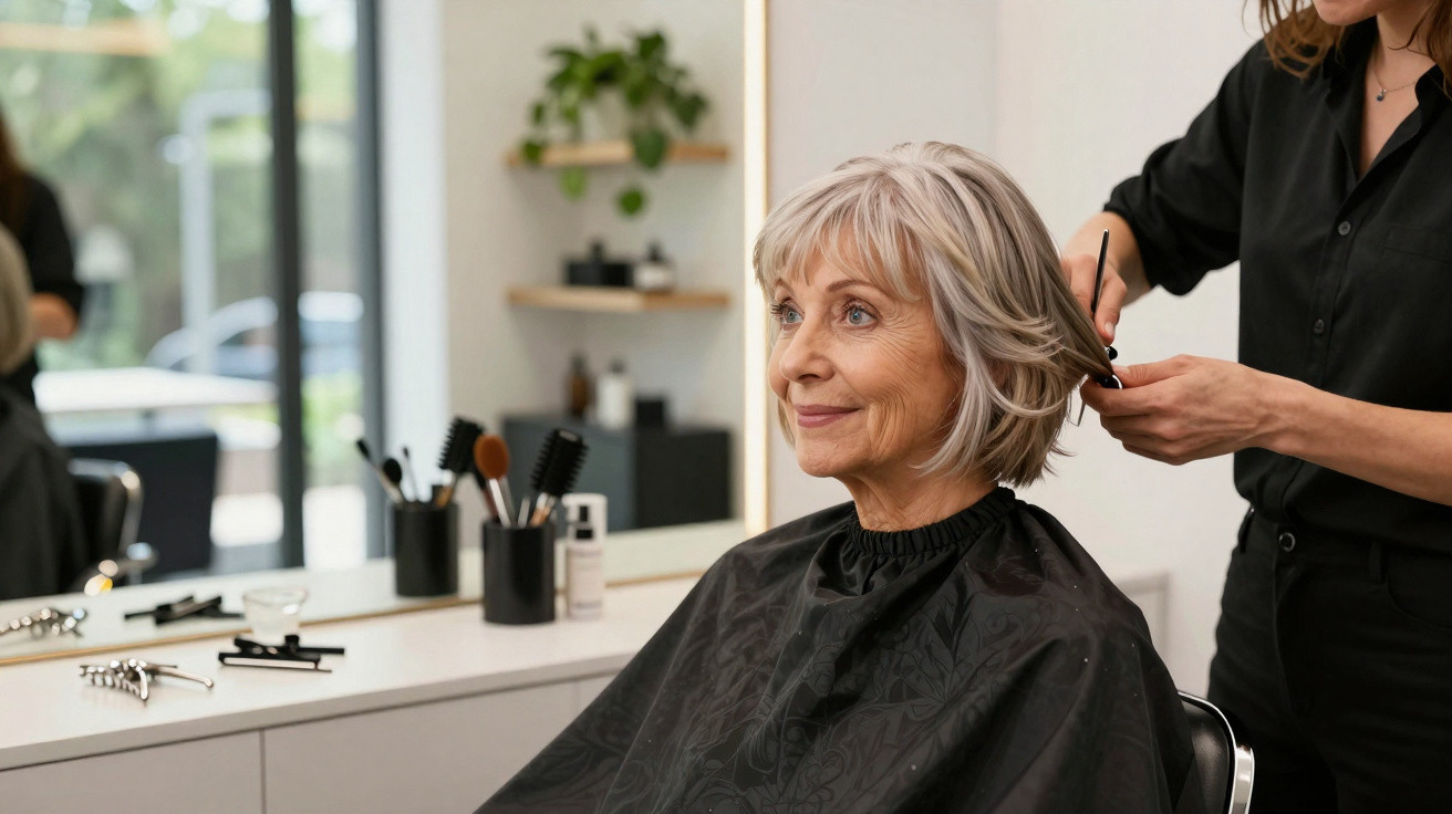 Older woman with short grey hair getting a haircut at a modern hair salon with a stylist.