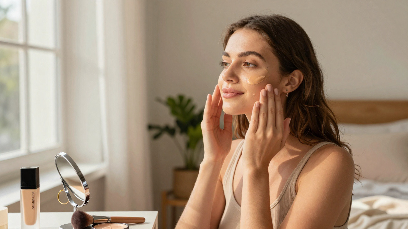 Young woman applying facial cream in a sunlit bedroom with makeup items on a white table.