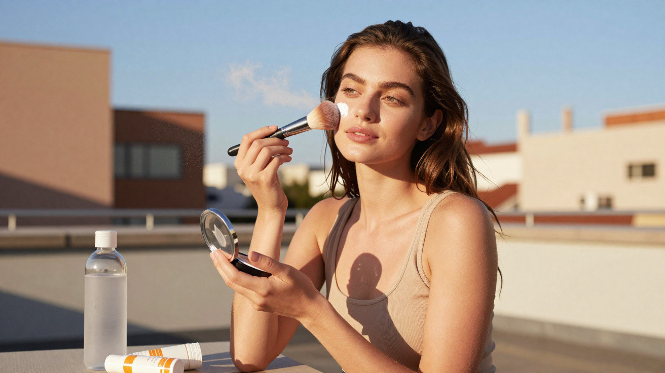 Young woman applying makeup with a brush outdoors in natural sunlight on a rooftop terrace.