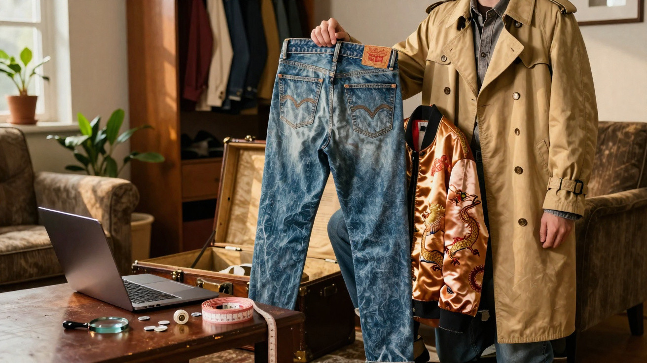 Person in trench coat holding up a pair of blue patterned jeans and a satin jacket in a cozy room.