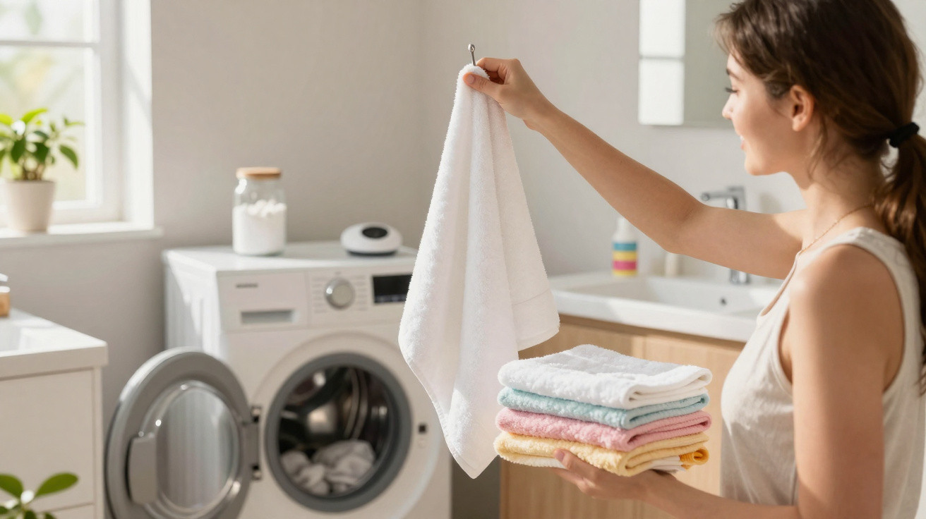 Woman holding folded towels and hanging a white towel in a bright laundry room with a washing machine.