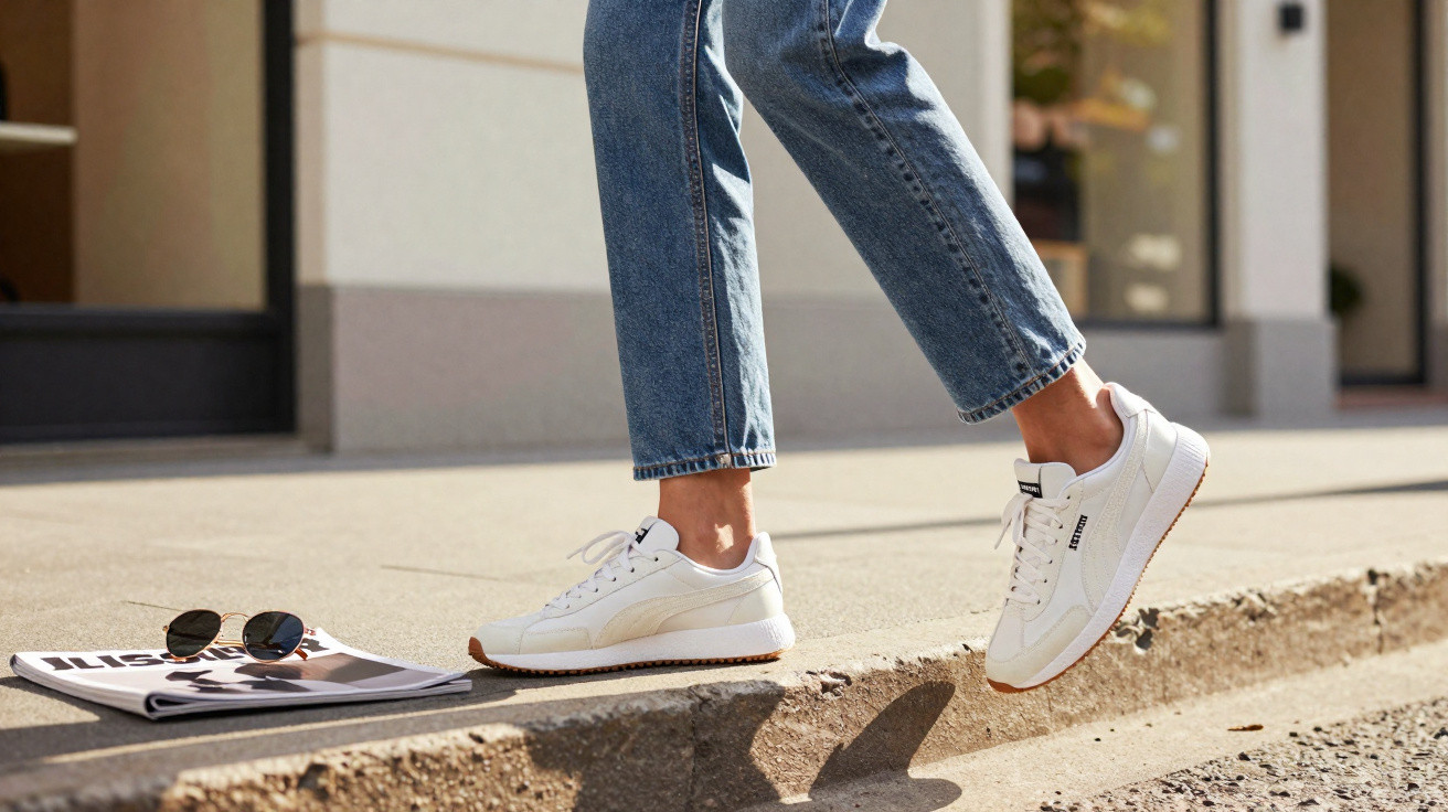 Person wearing white trainers and blue jeans stepping off a pavement next to sunglasses and a magazine.