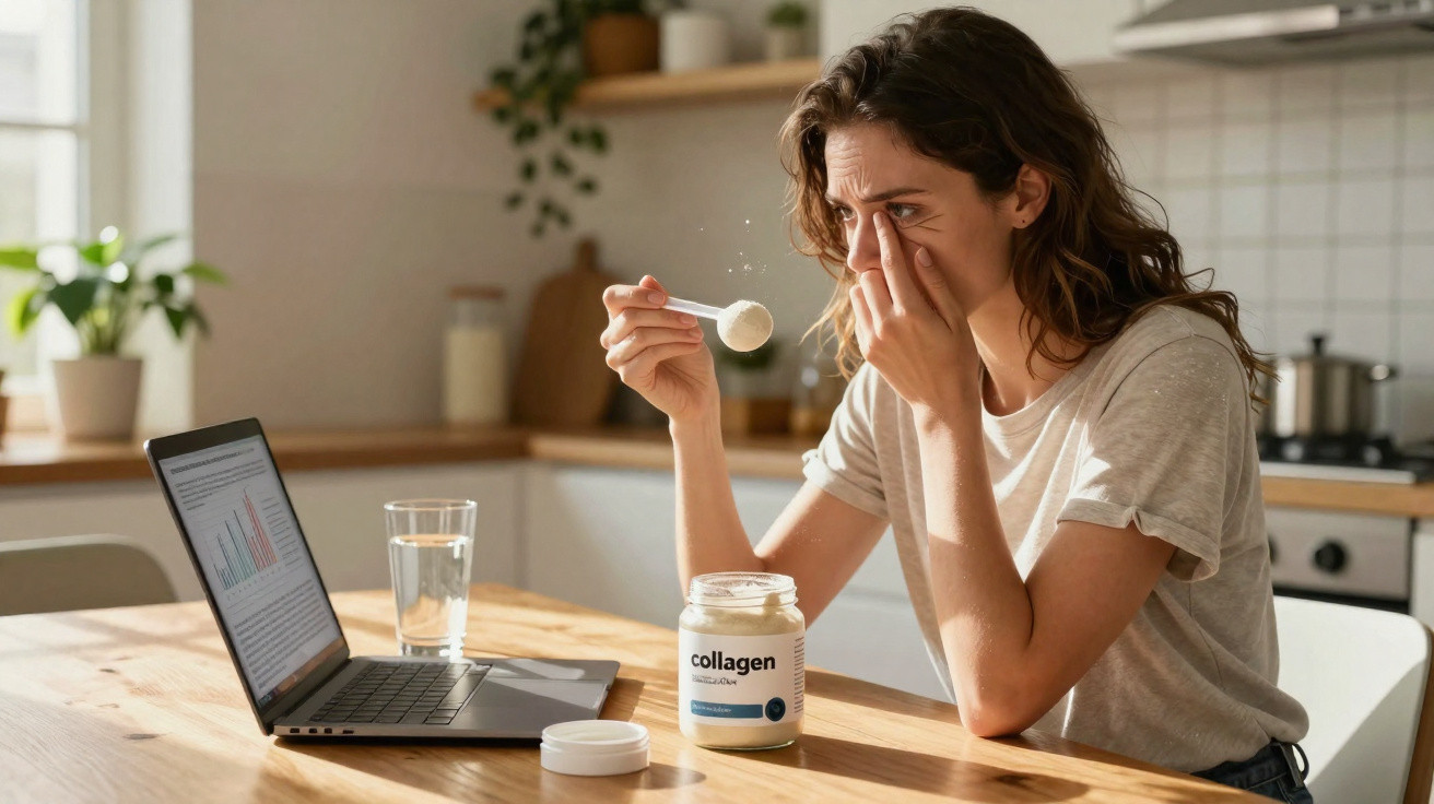 Woman sitting at kitchen table holding a spoon of collagen powder, rubbing her eye with a laptop and glass of water nearby.