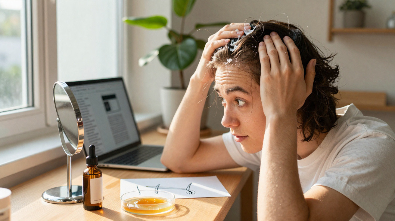 Young person applying dandruff treatment to scalp in front of mirror with laptop on desk by window.