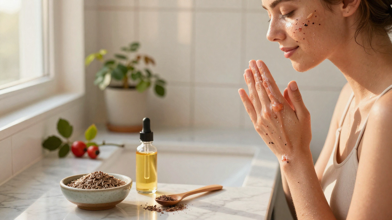 Woman with exfoliating scrub on face and hands near essential oil and seeds on marble countertop by bathtub