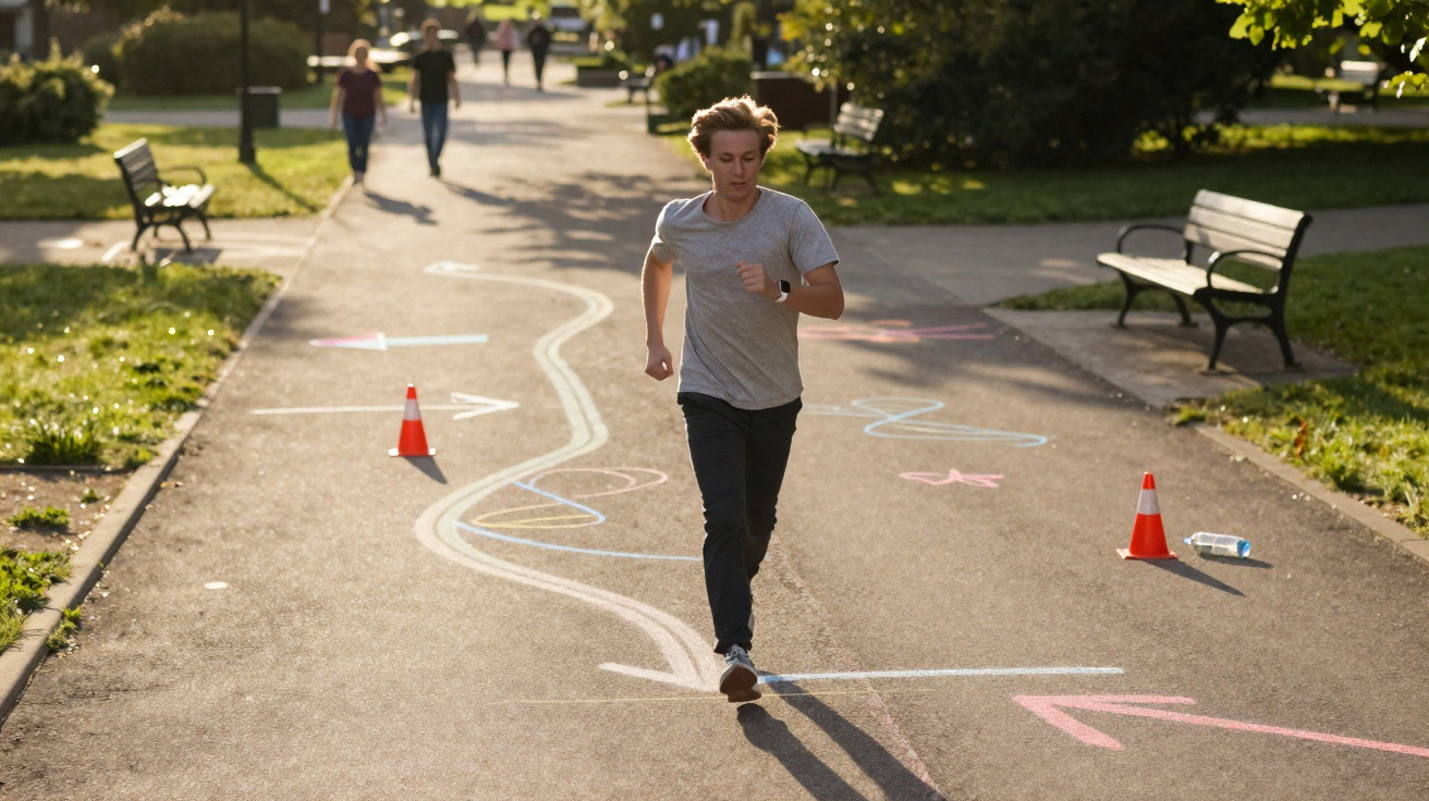 Young man running on a park path marked with colourful chalk lines and arrows on a sunny day.