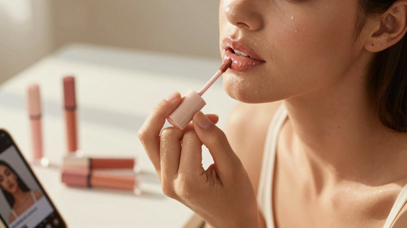 Close-up of a woman applying nude lip gloss with droplets of water on her face and hand.