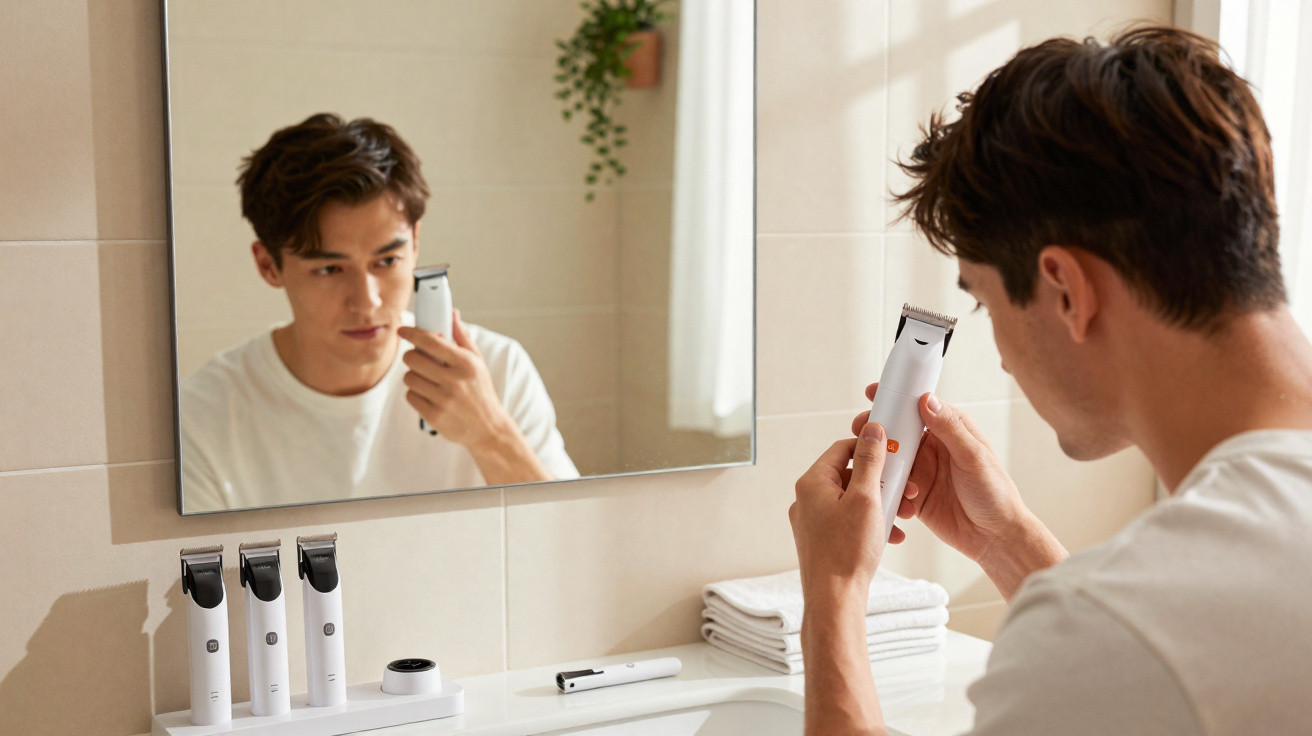 Young man looking at a hair clipper in a bathroom with multiple clippers on the sink counter.