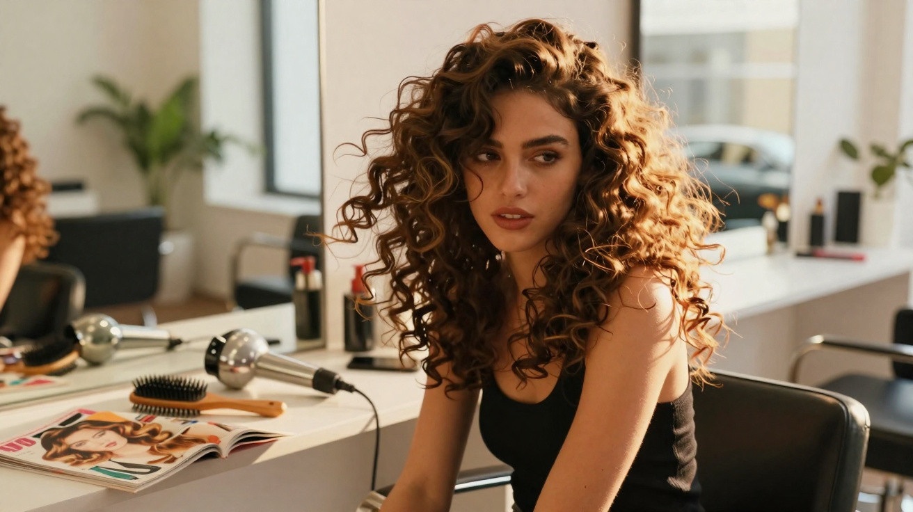 Young woman with voluminous curly hair sitting in a salon chair next to hair styling tools and a magazine.