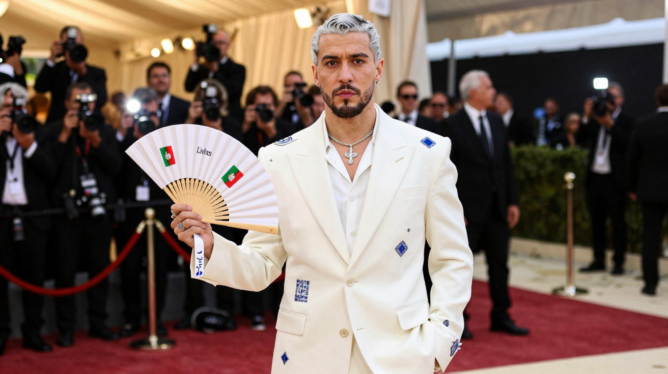 Man in white suit holding a fan with Portuguese flags on a red carpet, surrounded by photographers.