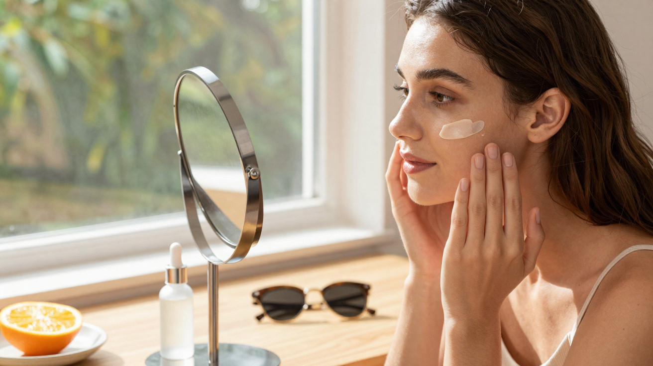 Young woman applying cream on cheek looking in a mirror by a window with sunglasses and skincare bottle nearby.