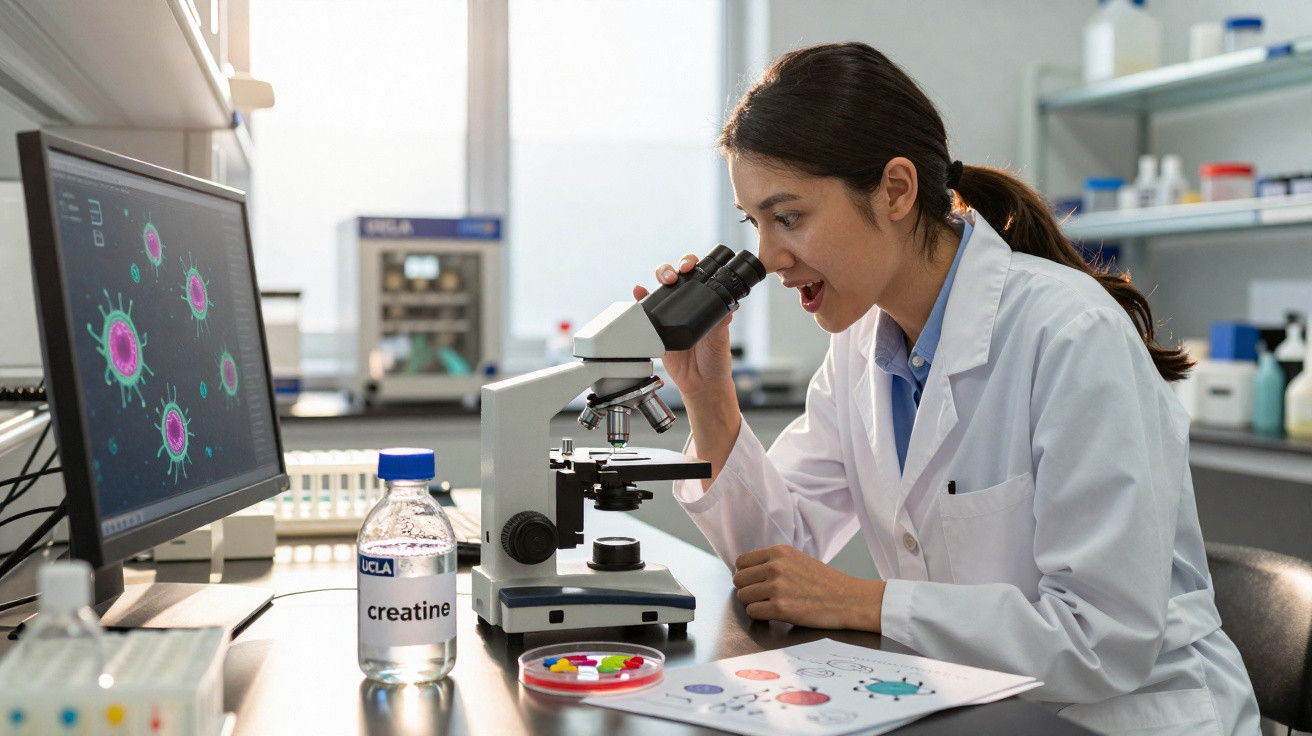Scientist in lab coat using a microscope with virus images on computer screen in a laboratory.