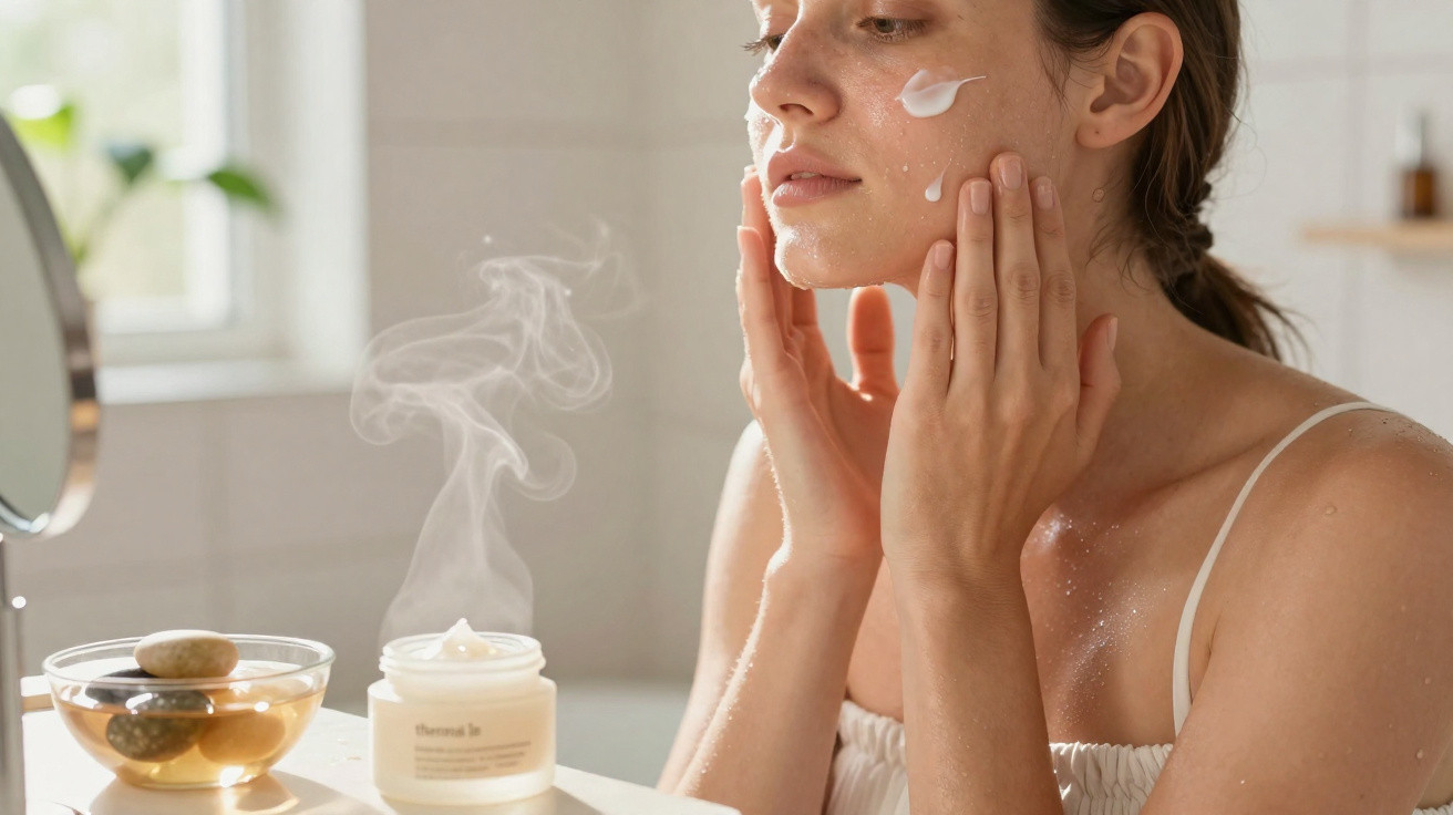 Woman applying cream on her face with a steaming jar of skincare product and stones in a bowl nearby.