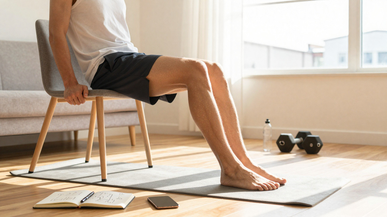 Person exercising triceps dips on a chair in a bright room with dumbbells, a water bottle, a notebook, and a phone nearby.