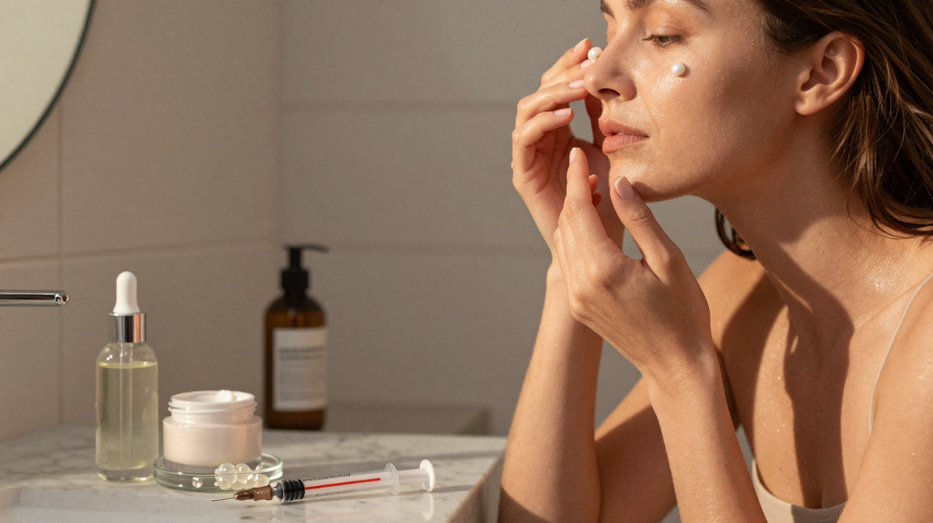 Woman applying cream to face in bathroom with skincare products on counter in soft natural light.