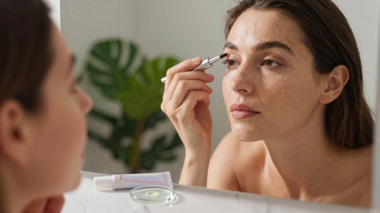 Woman applying eyebrow serum or makeup while looking in a mirror with a plant in the background