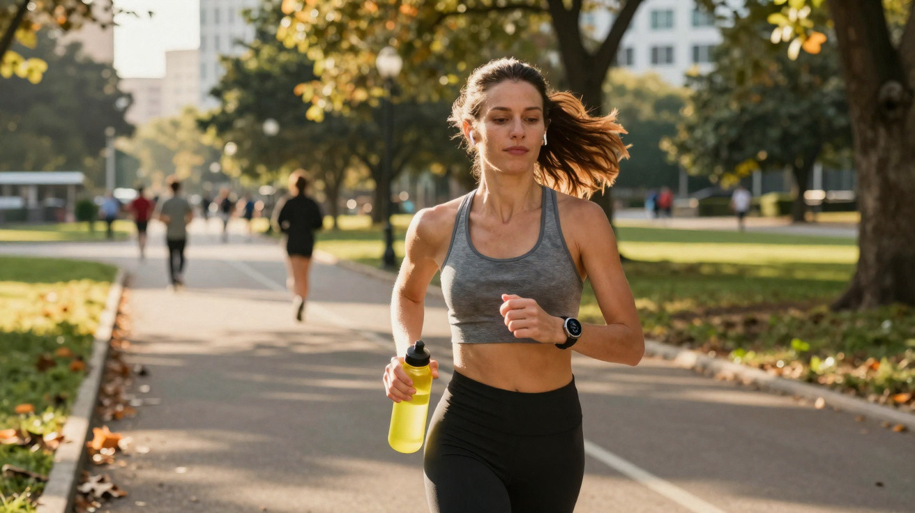 Woman in sportswear running with a water bottle on a sunny park path with trees and buildings in the background.