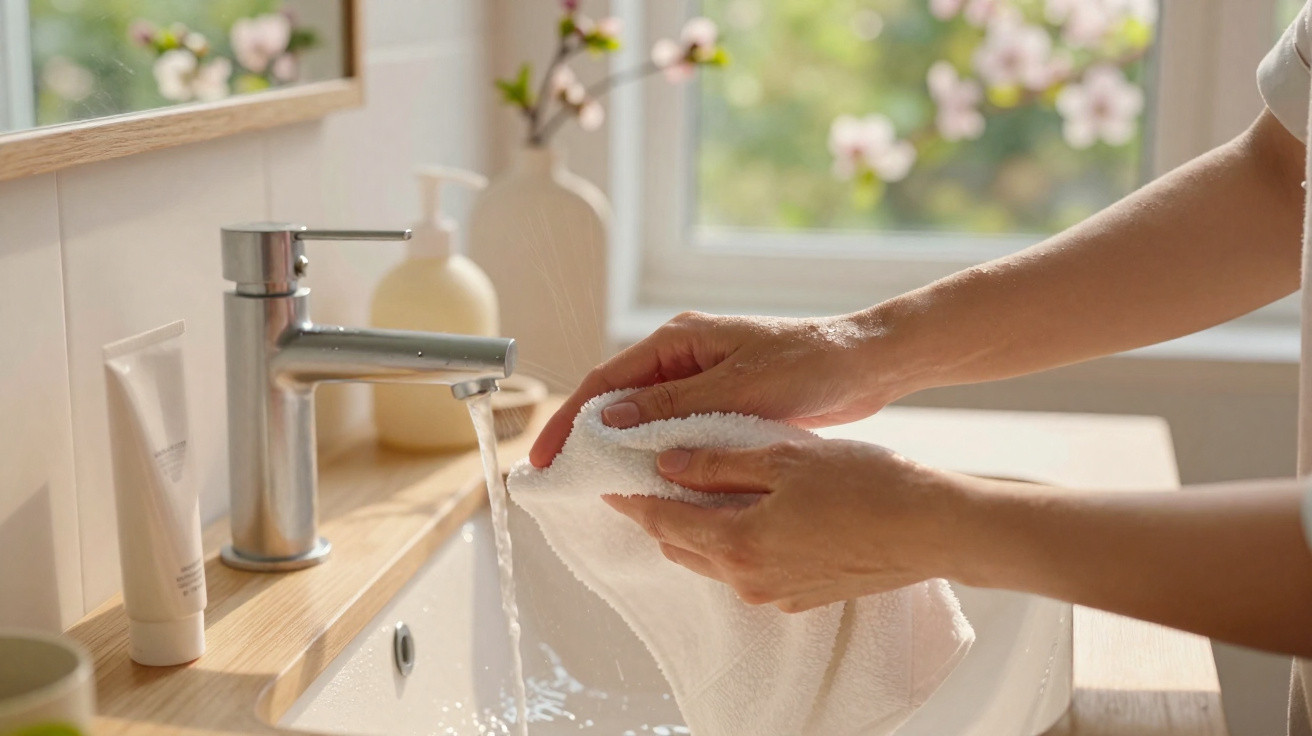 Person rinsing a white cloth under running water from a modern bathroom tap with floral decor in the background.